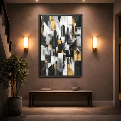 Mockup 2. Abstract Skyscrapers Black Gold Cityscape shown as stretched canvas wall art