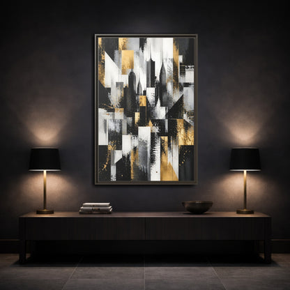 Mockup 3. Abstract Skyscrapers Black Gold Cityscape shown as stretched canvas wall art