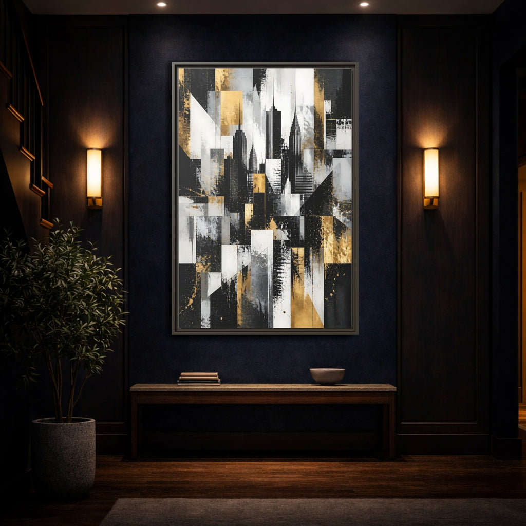 Mockup 4. Abstract Skyscrapers Black Gold Cityscape shown as stretched canvas wall art