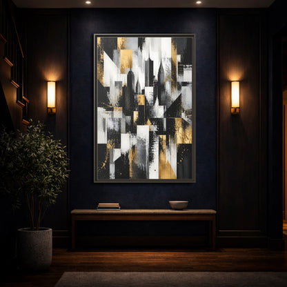 Mockup 4. Abstract Skyscrapers Black Gold Cityscape shown as stretched canvas wall art