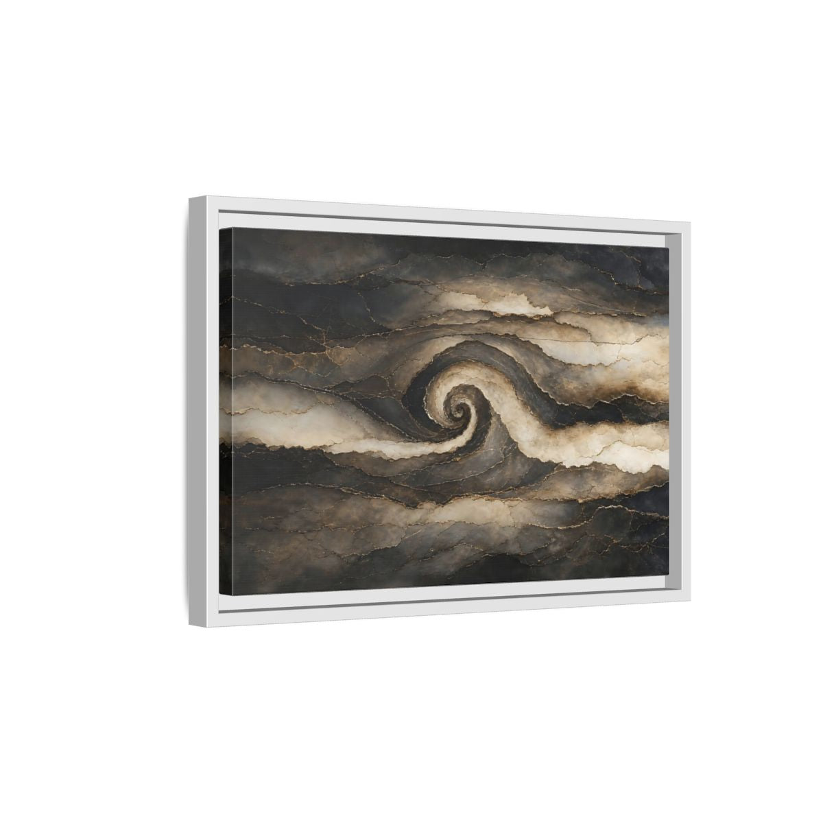 Side Mockup 4. Abstract Abstract Spiral Dark Brown Gold shown as stretched canvas wall art