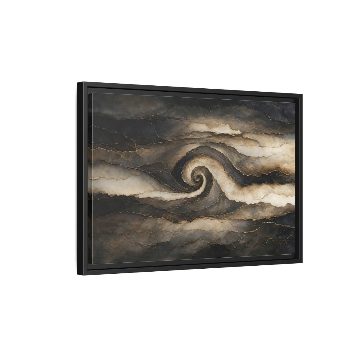 Side Mockup 3. Abstract Abstract Spiral Dark Brown Gold shown as stretched canvas wall art