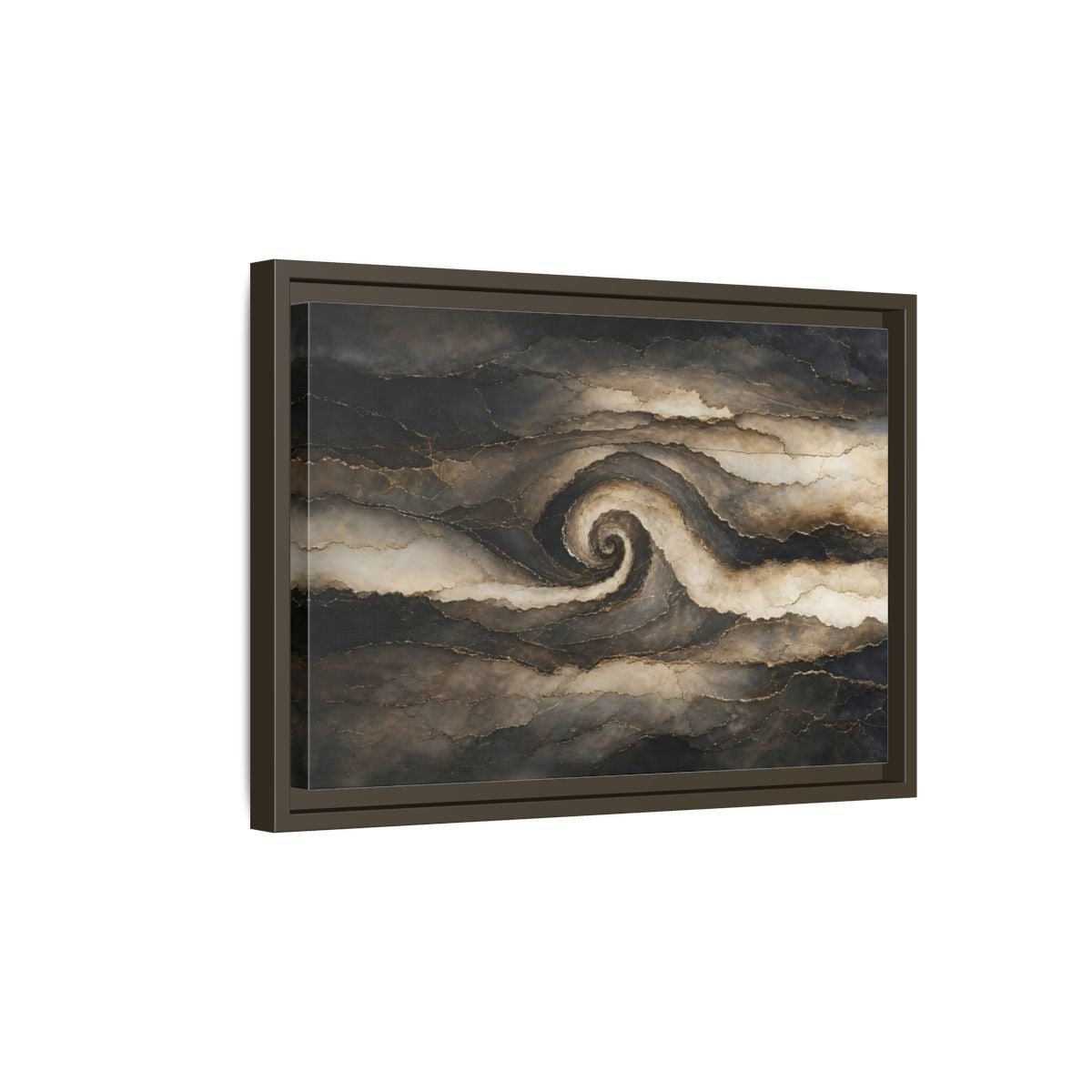 Side Mockup 5. Abstract Abstract Spiral Dark Brown Gold shown as stretched canvas wall art