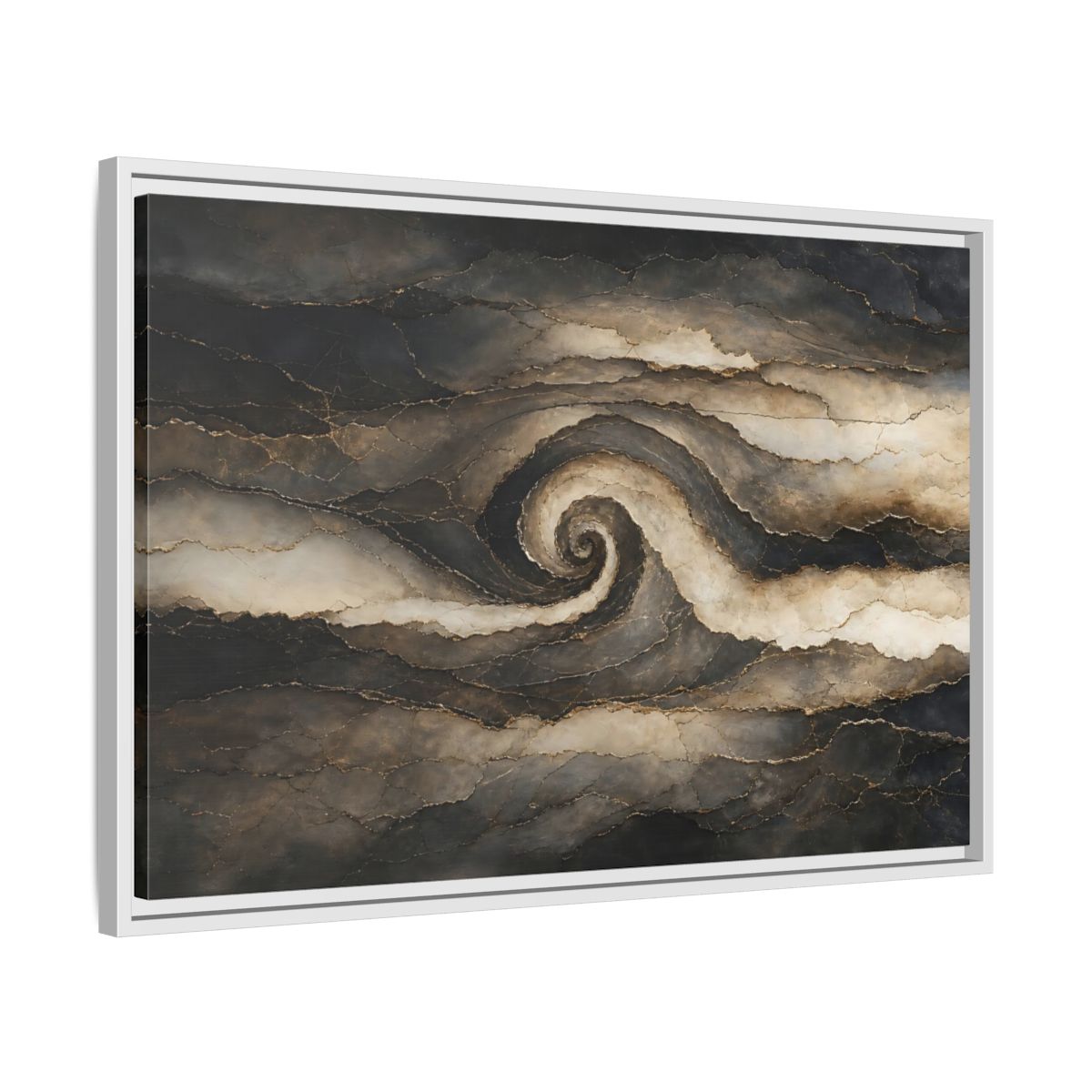 Side Mockup 10. Abstract Abstract Spiral Dark Brown Gold shown as stretched canvas wall art