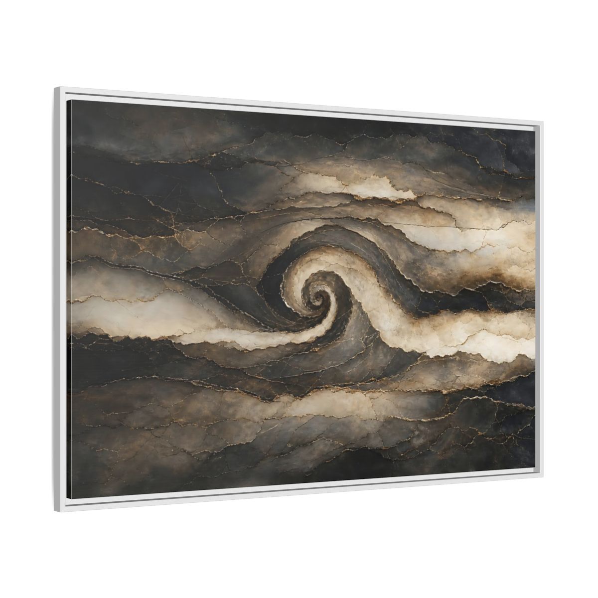 Side Mockup 7. Abstract Abstract Spiral Dark Brown Gold shown as stretched canvas wall art