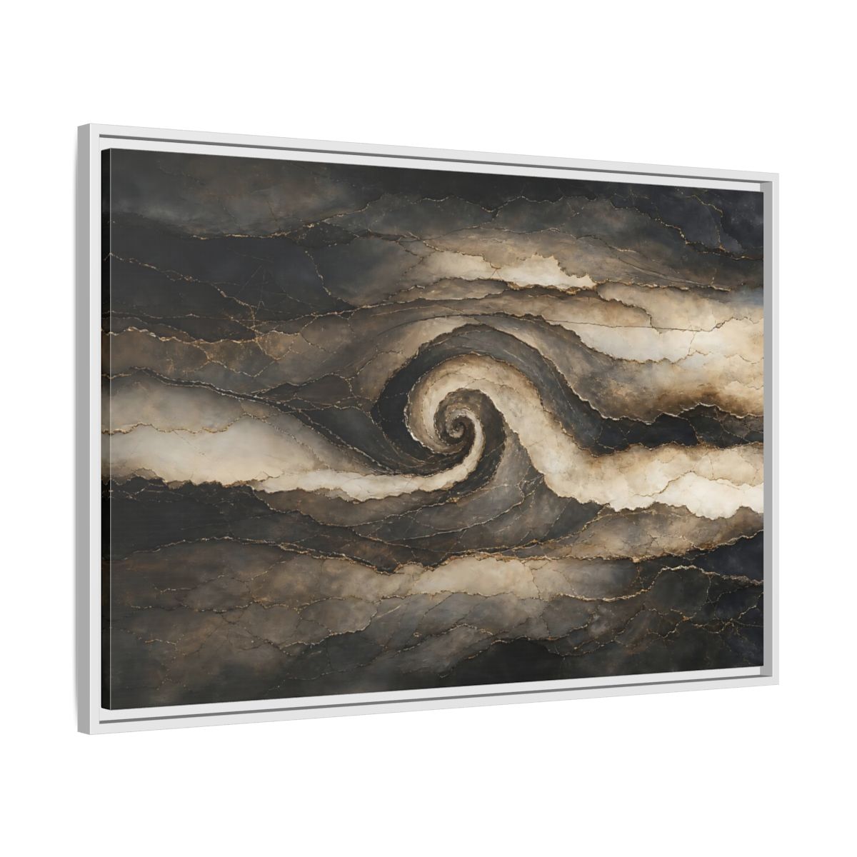 Side Mockup 9. Abstract Abstract Spiral Dark Brown Gold shown as stretched canvas wall art