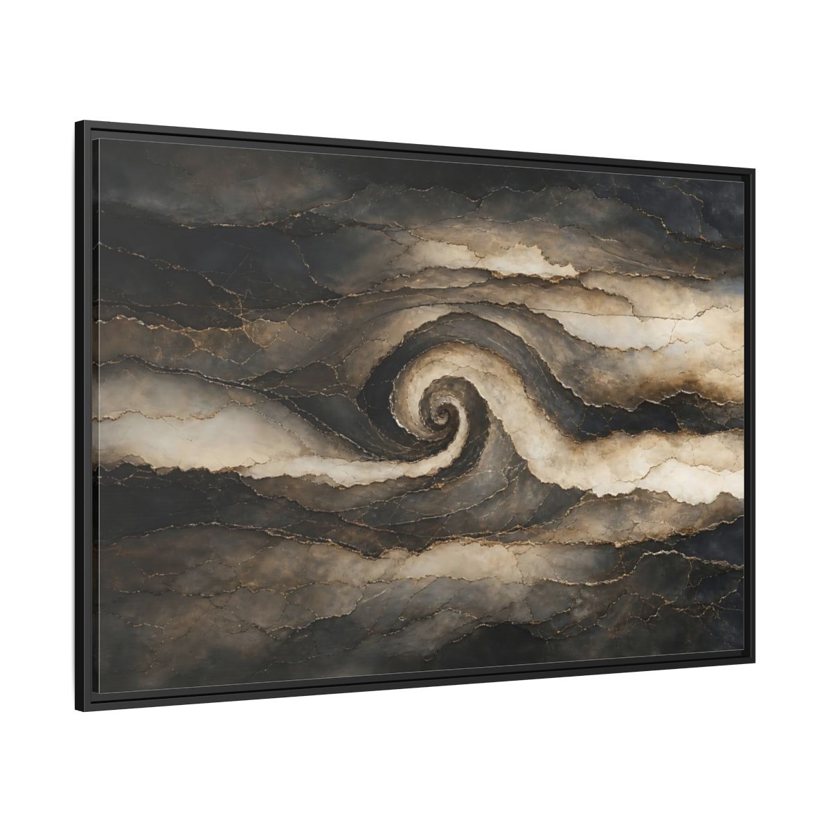 Side Mockup 12. Abstract Abstract Spiral Dark Brown Gold shown as stretched canvas wall art