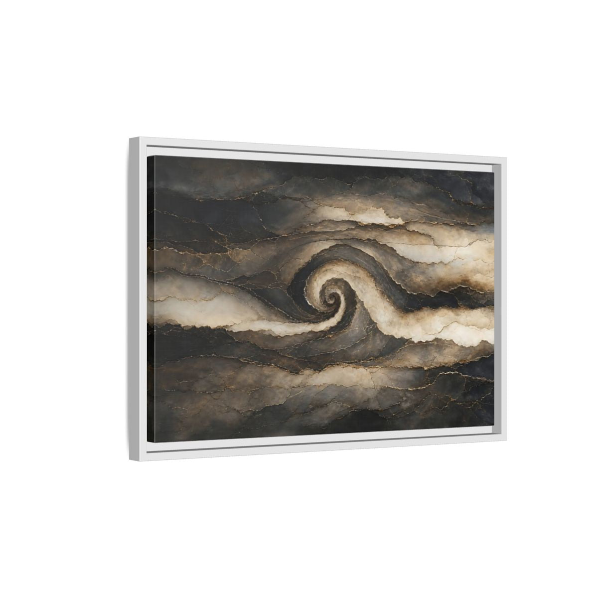 Side Mockup 1. Abstract Abstract Spiral Dark Brown Gold shown as stretched canvas wall art