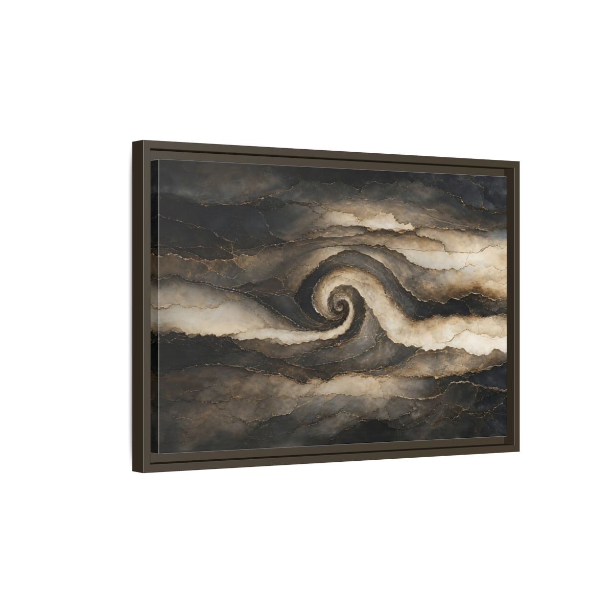 Side Mockup 2. Abstract Abstract Spiral Dark Brown Gold shown as stretched canvas wall art