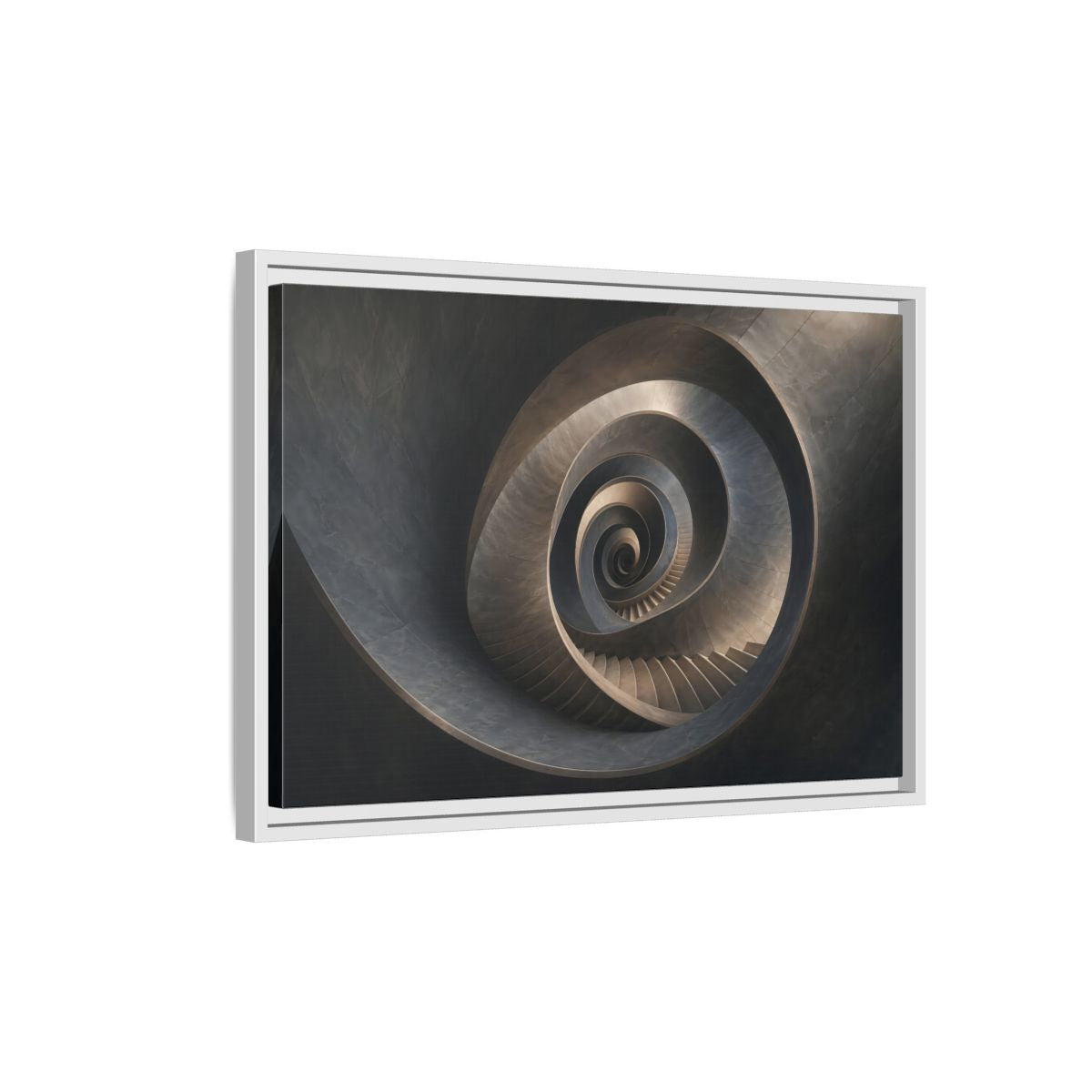 Side Mockup 1. Abstract Spiral Staircase Dark Spiral Staircase shown as stretched canvas wall art