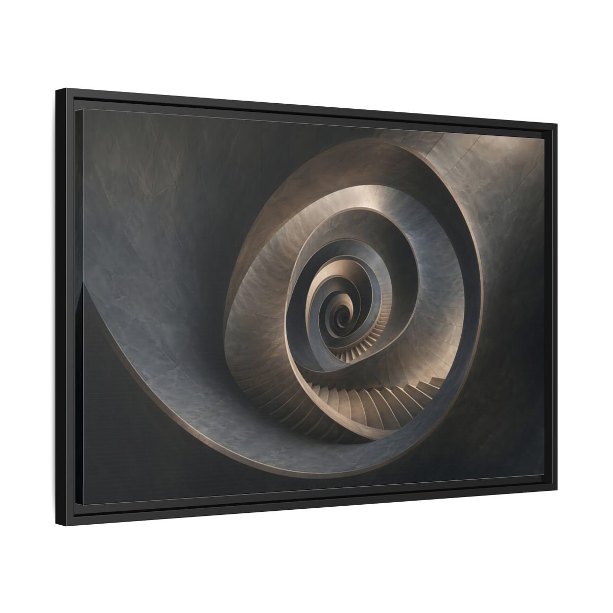 Side Mockup 14. Abstract Spiral Staircase Dark Spiral Staircase shown as stretched canvas wall art