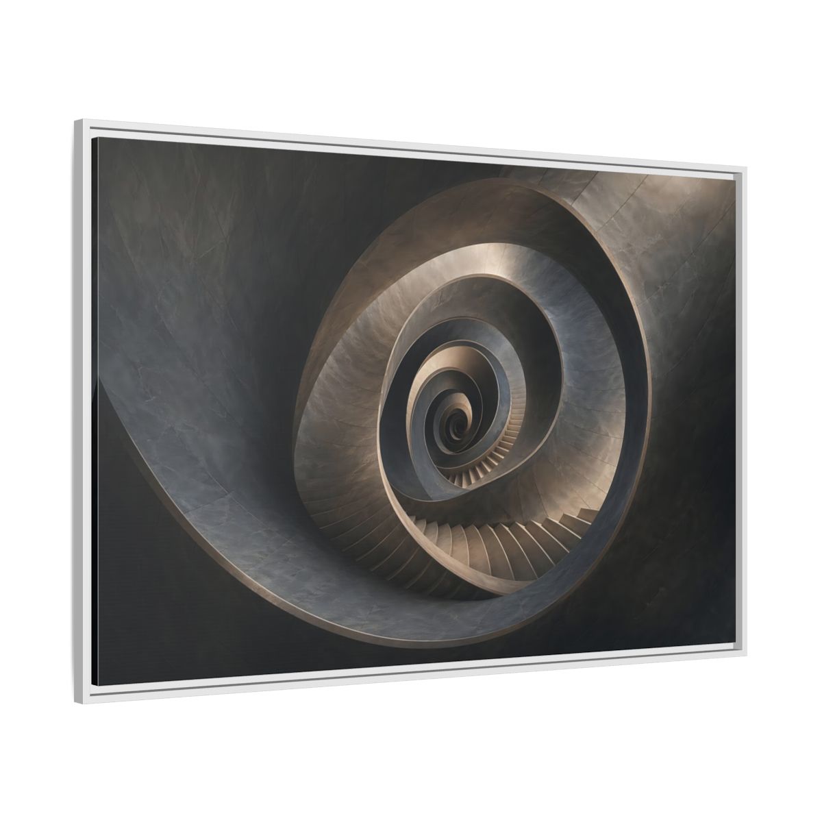 Side Mockup 7. Abstract Spiral Staircase Dark Spiral Staircase shown as stretched canvas wall art