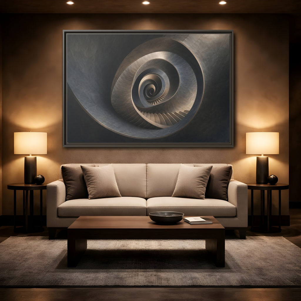 Mockup 2. Abstract Spiral Staircase Dark Spiral Staircase shown as stretched canvas wall art
