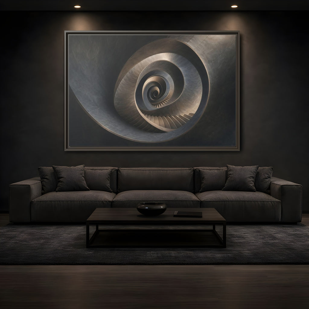 Mockup 3. Abstract Spiral Staircase Dark Spiral Staircase shown as stretched canvas wall art