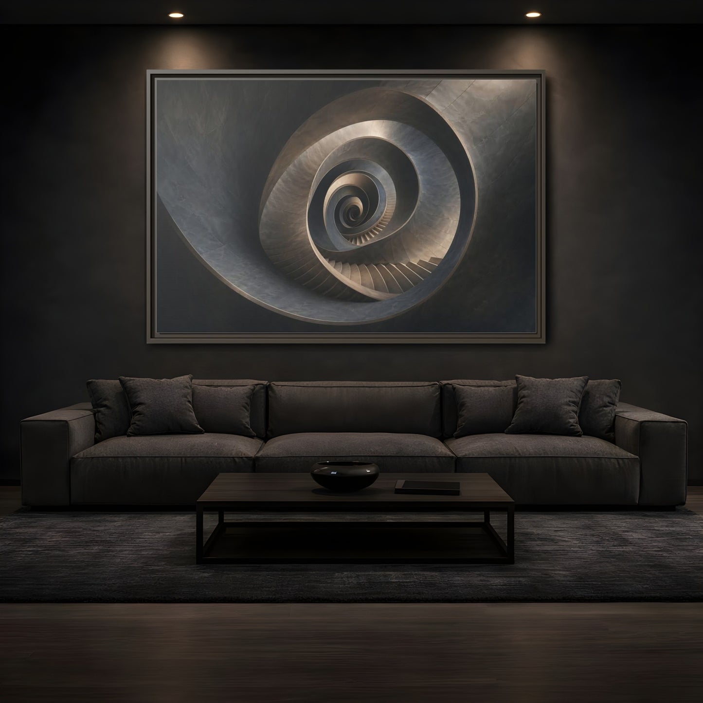 Mockup 3. Abstract Spiral Staircase Dark Spiral Staircase shown as stretched canvas wall art