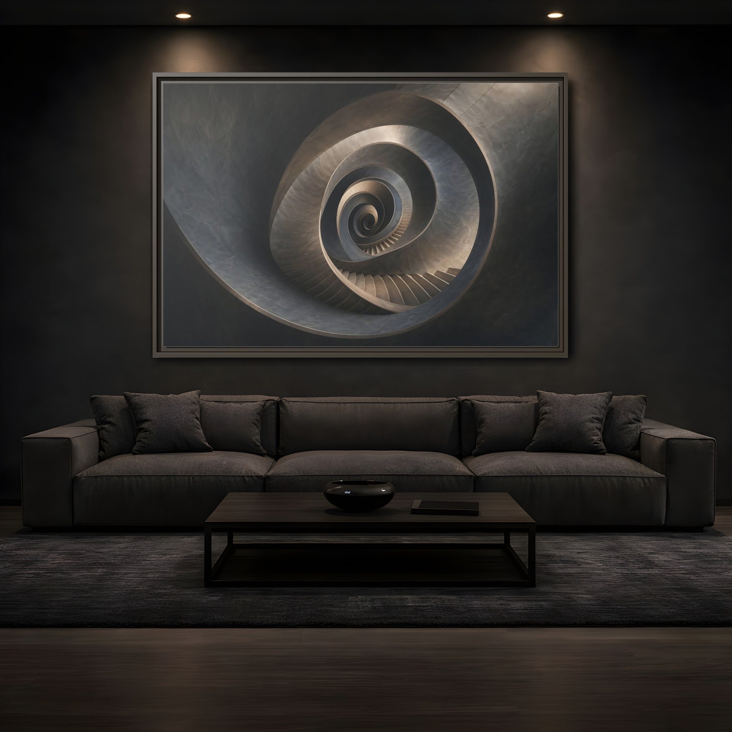 Mockup 3. Abstract Spiral Staircase Dark Spiral Staircase shown as stretched canvas wall art