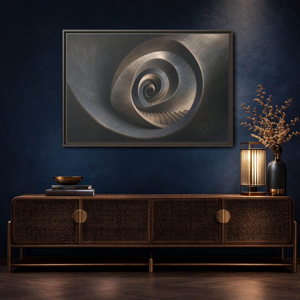 Mockup 4. Abstract Spiral Staircase Dark Spiral Staircase shown as stretched canvas wall art