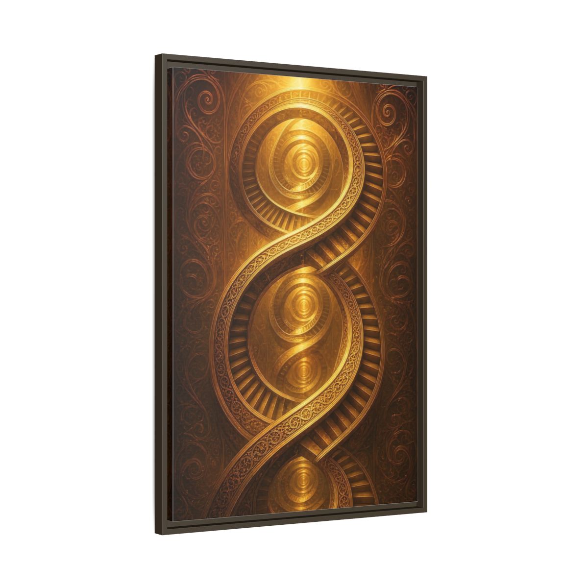 Main Mockup. Abstract Spiral Staircase Golden Swirls shown as stretched canvas wall art
