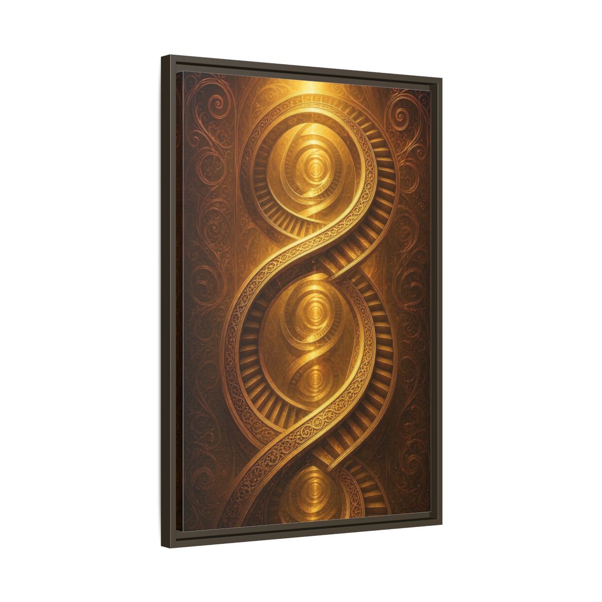 Side Mockup 11. Abstract Spiral Staircase Golden Swirls shown as stretched canvas wall art