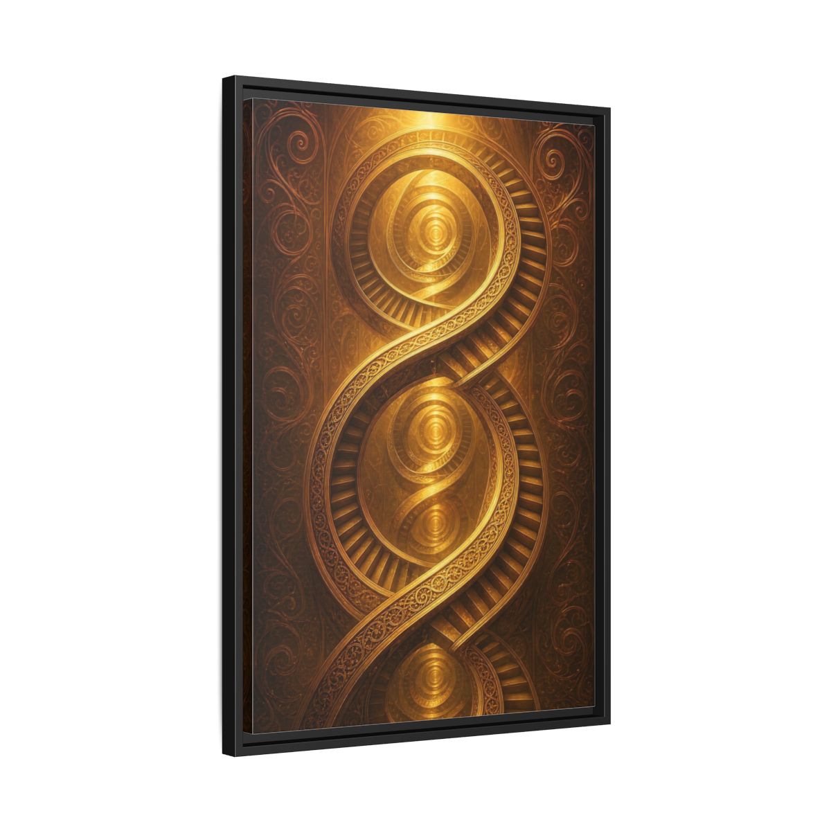 Side Mockup 14. Abstract Spiral Staircase Golden Swirls shown as stretched canvas wall art