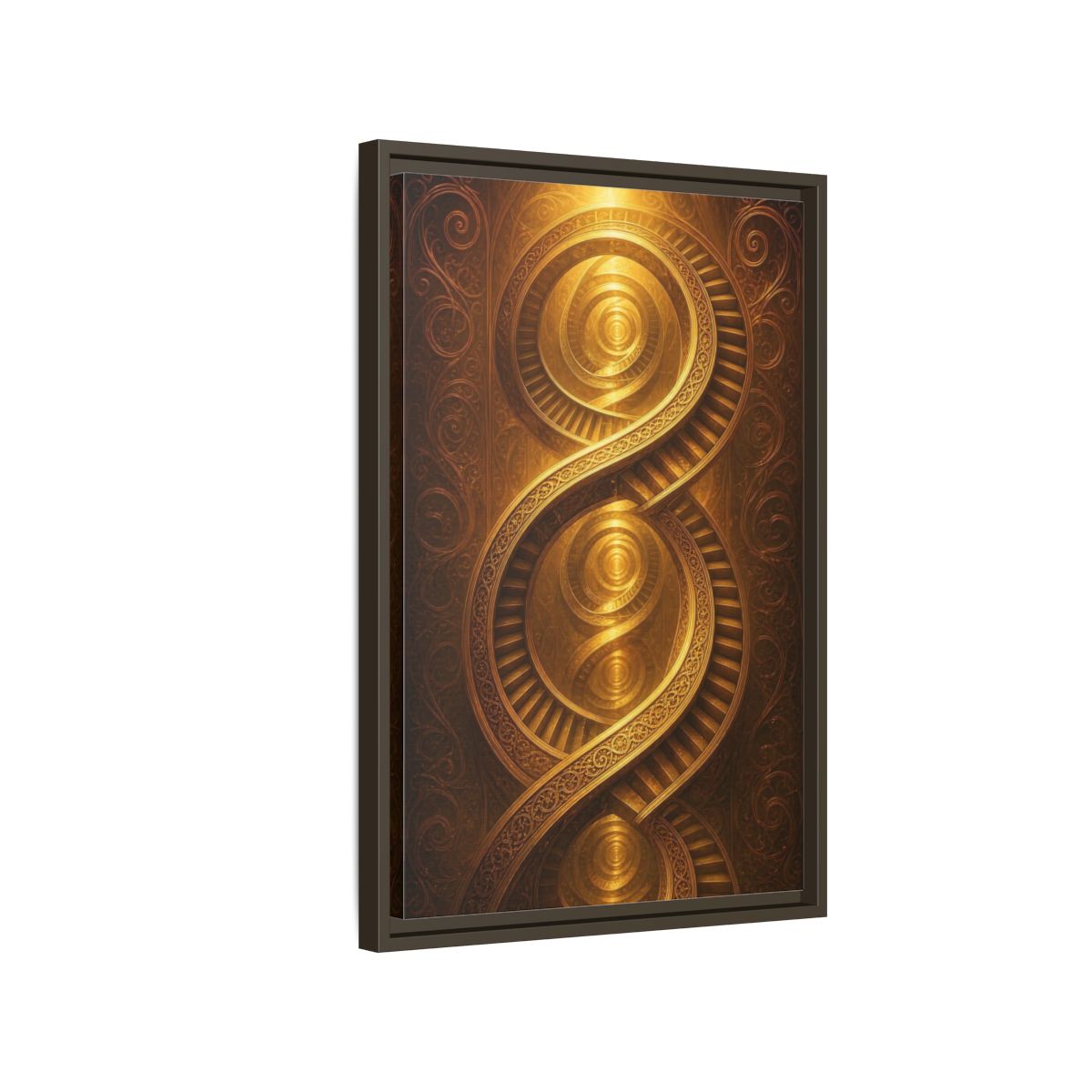 Side Mockup 2. Abstract Spiral Staircase Golden Swirls shown as stretched canvas wall art