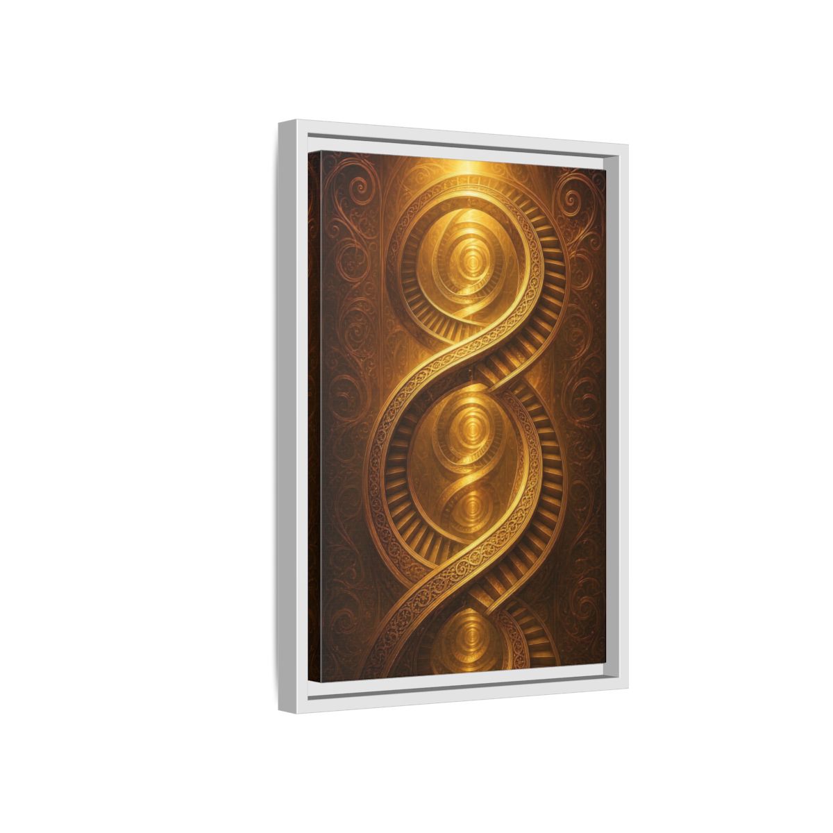 Side Mockup 4. Abstract Spiral Staircase Golden Swirls shown as stretched canvas wall art