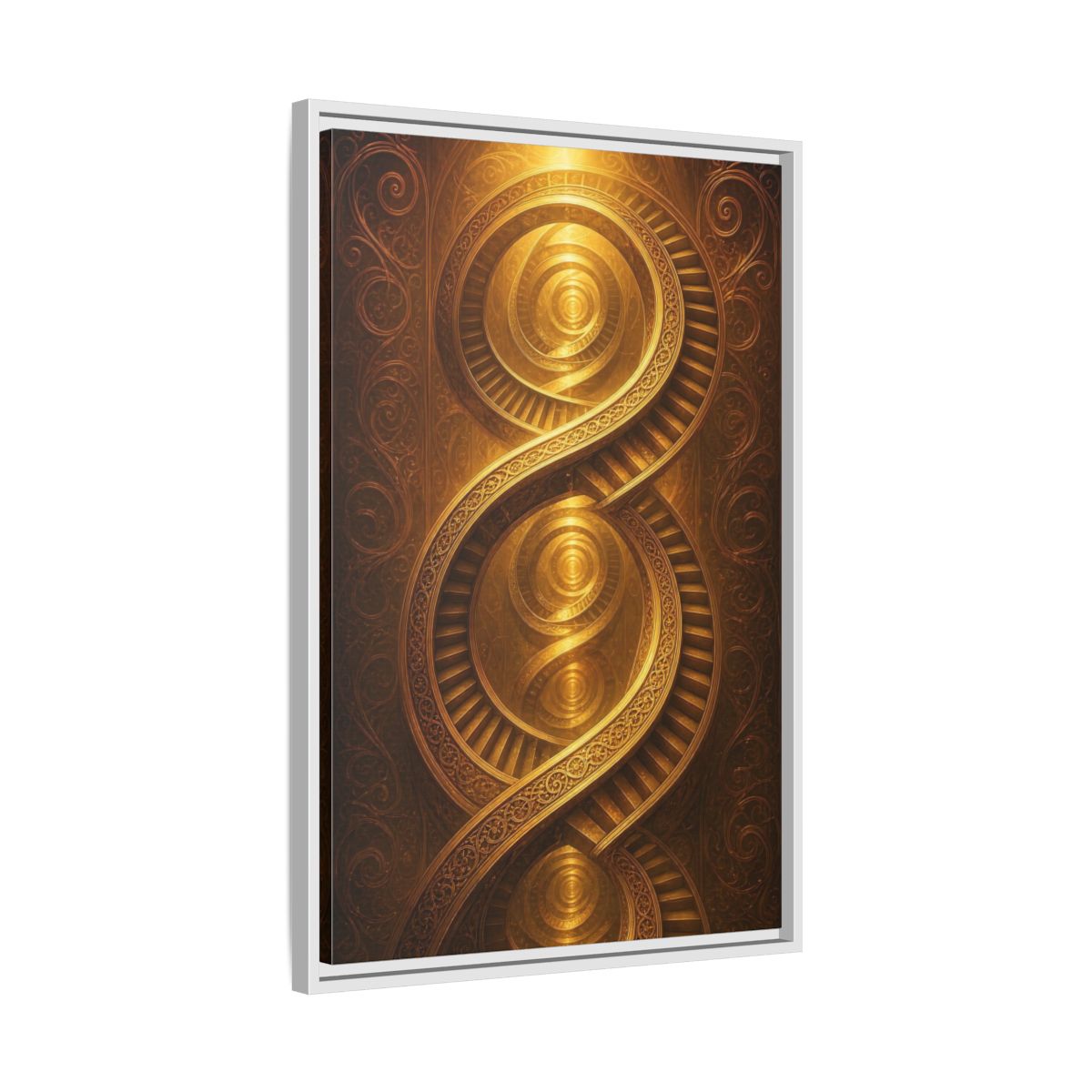 Side Mockup 10. Abstract Spiral Staircase Golden Swirls shown as stretched canvas wall art