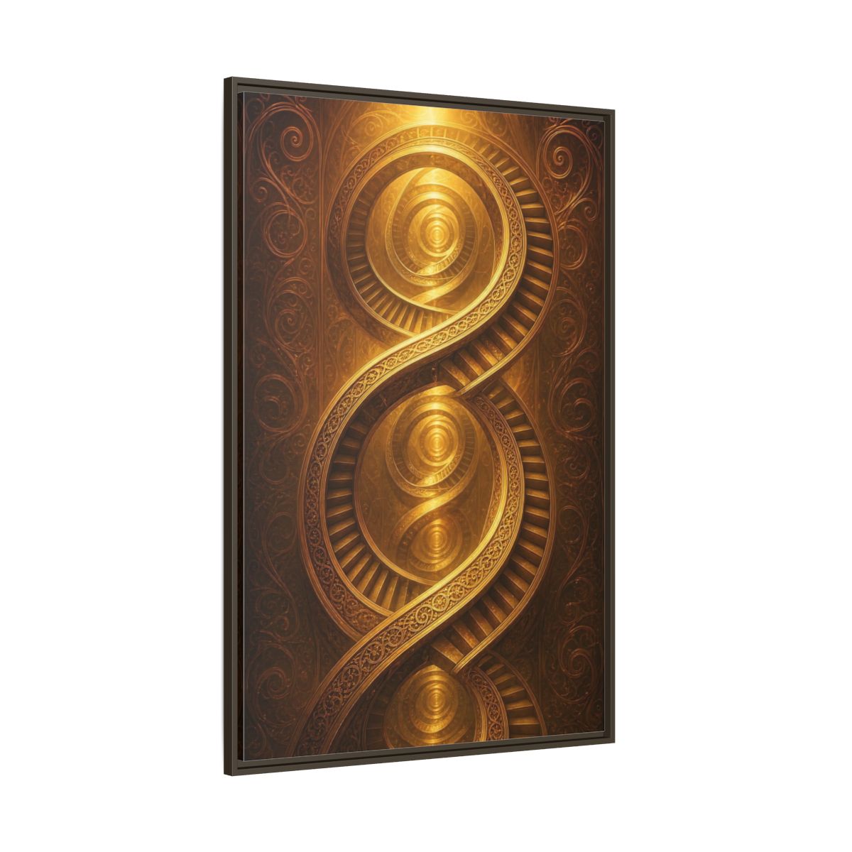 Side Mockup 8. Abstract Spiral Staircase Golden Swirls shown as stretched canvas wall art