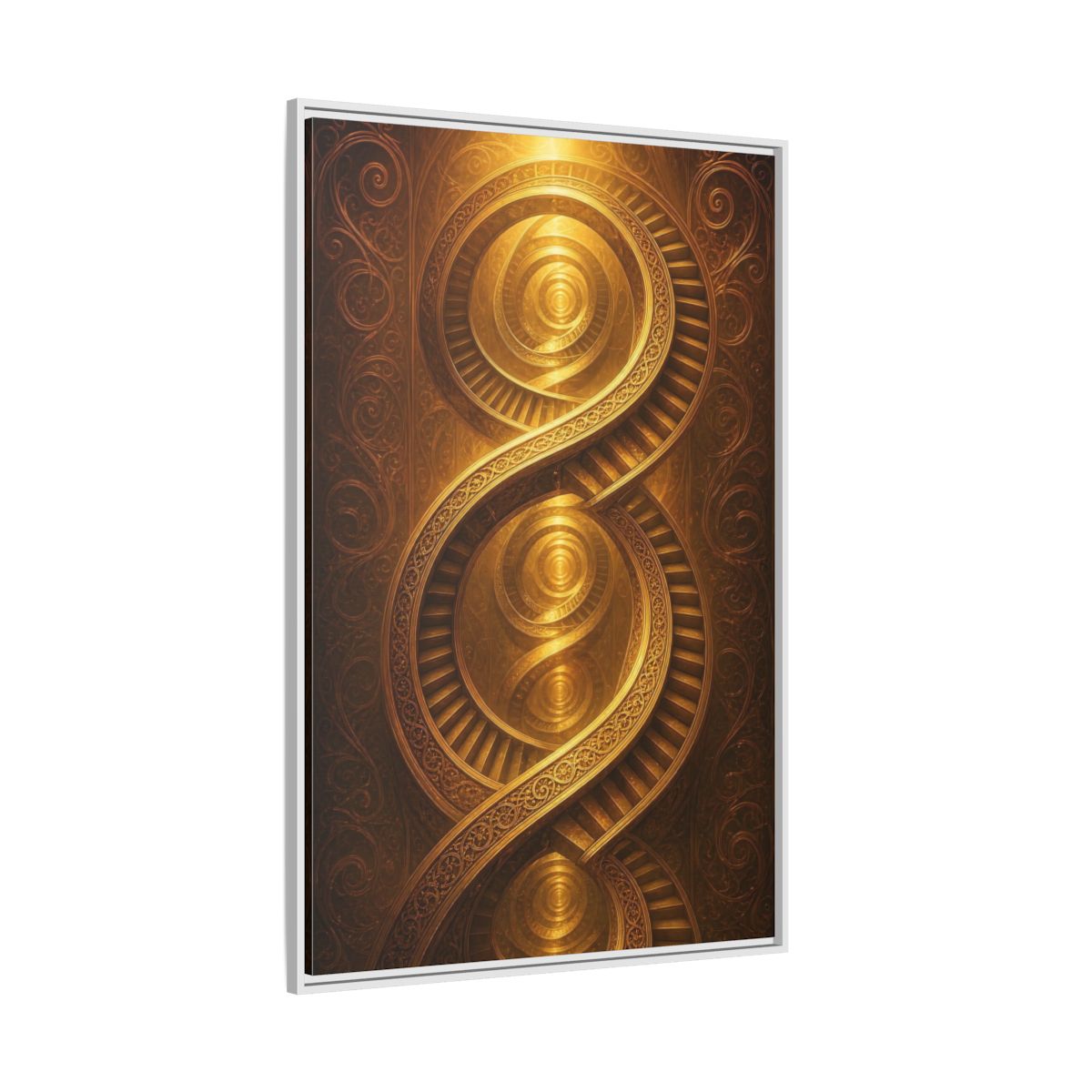 Side Mockup 7. Abstract Spiral Staircase Golden Swirls shown as stretched canvas wall art
