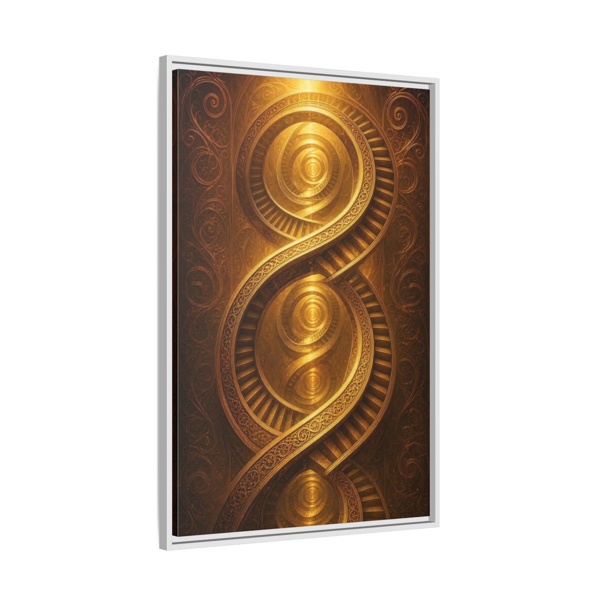 Side Mockup 9. Abstract Spiral Staircase Golden Swirls shown as stretched canvas wall art