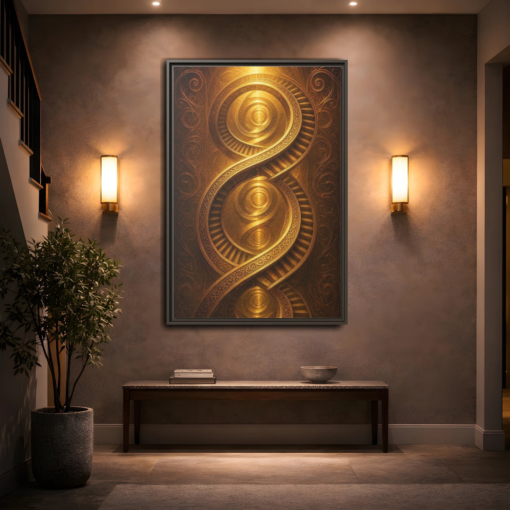 Mockup 2. Abstract Spiral Staircase Golden Swirls shown as stretched canvas wall art