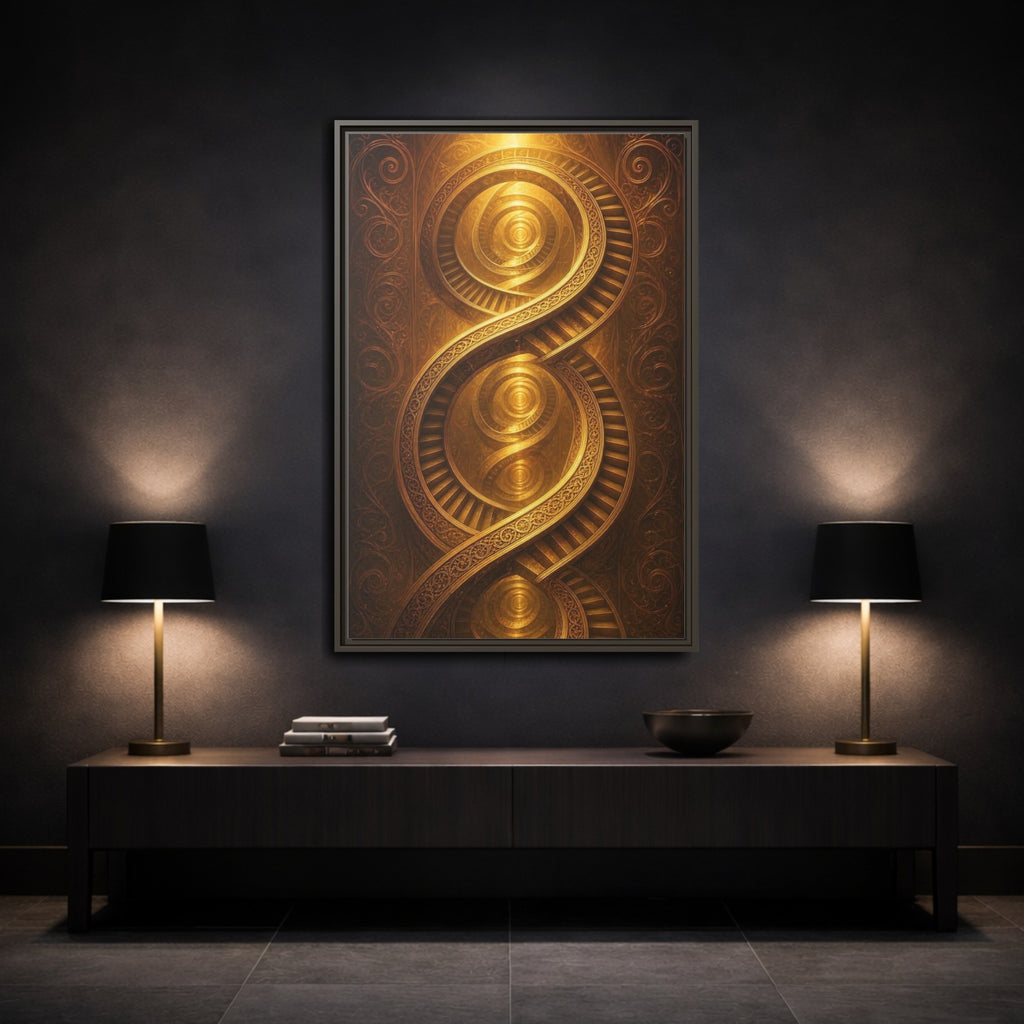 Mockup 3. Abstract Spiral Staircase Golden Swirls shown as stretched canvas wall art