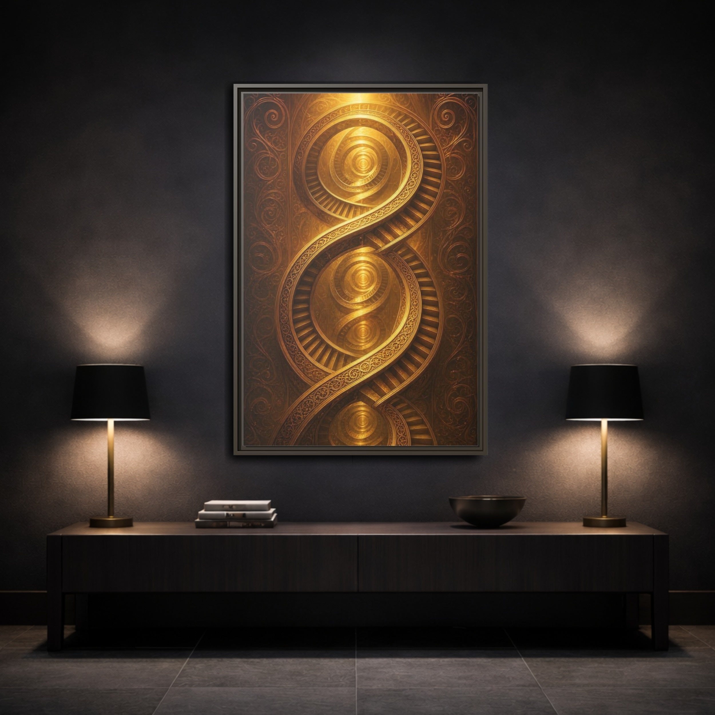 Mockup 3. Abstract Spiral Staircase Golden Swirls shown as stretched canvas wall art