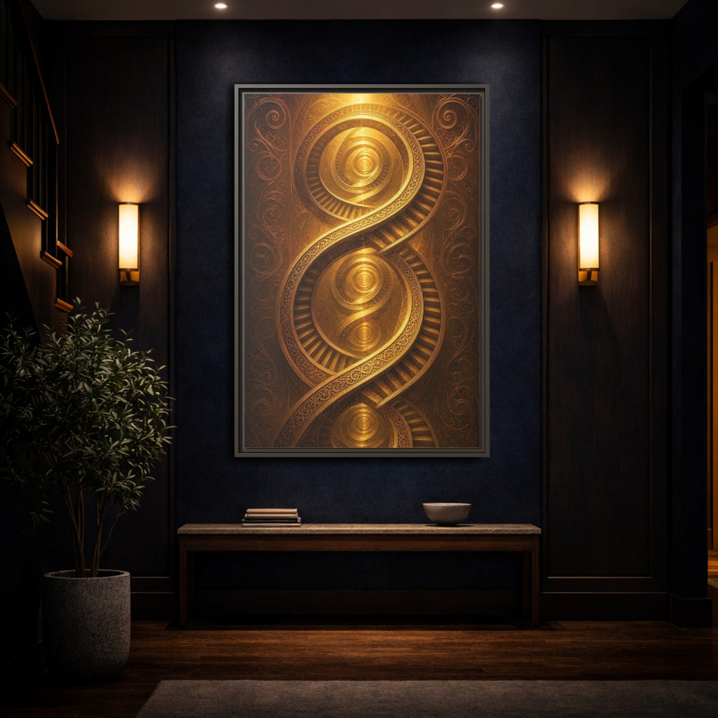 Mockup 4. Abstract Spiral Staircase Golden Swirls shown as stretched canvas wall art