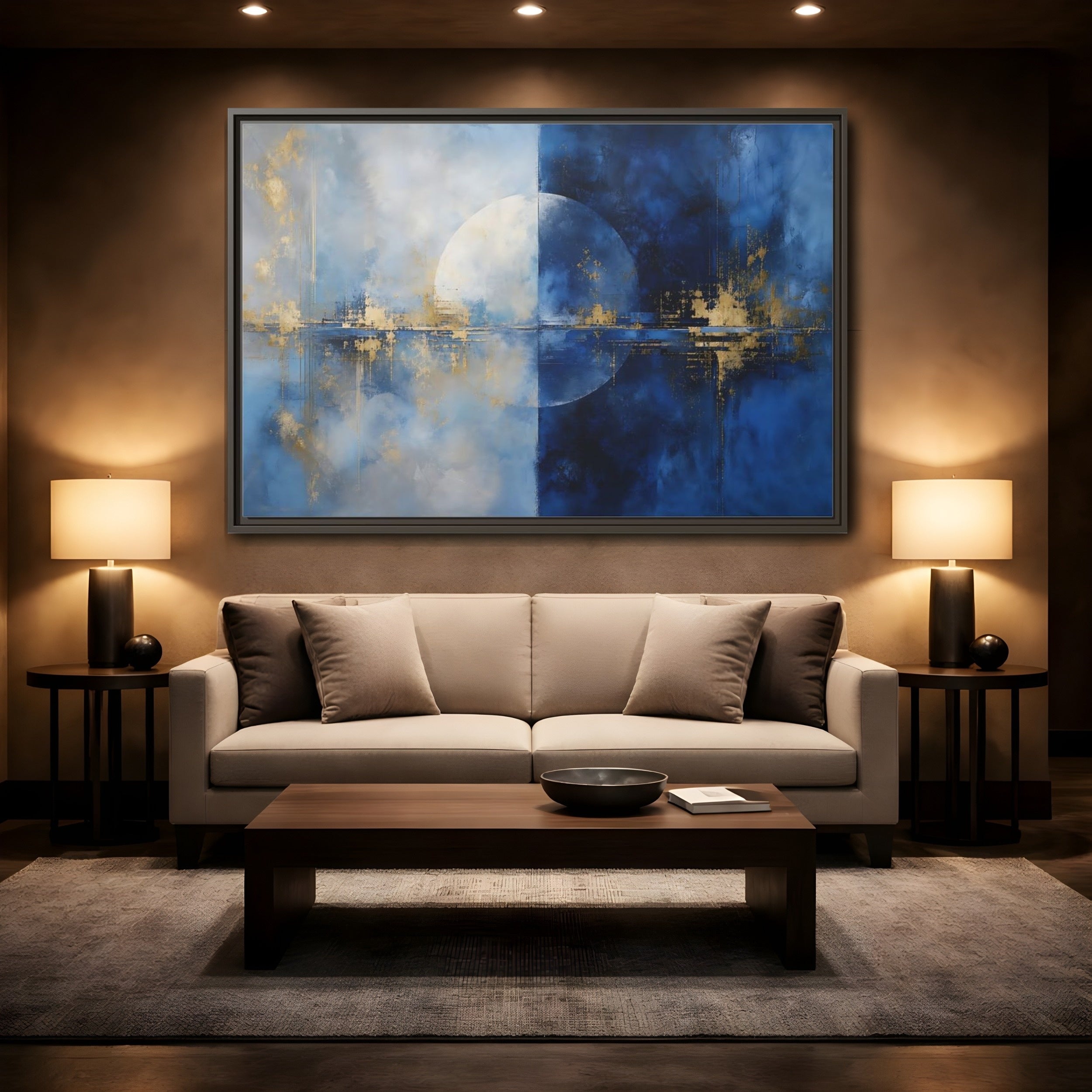 Mockup 2. Abstract Split Circle Blue And Gold Abstract shown as stretched canvas wall art