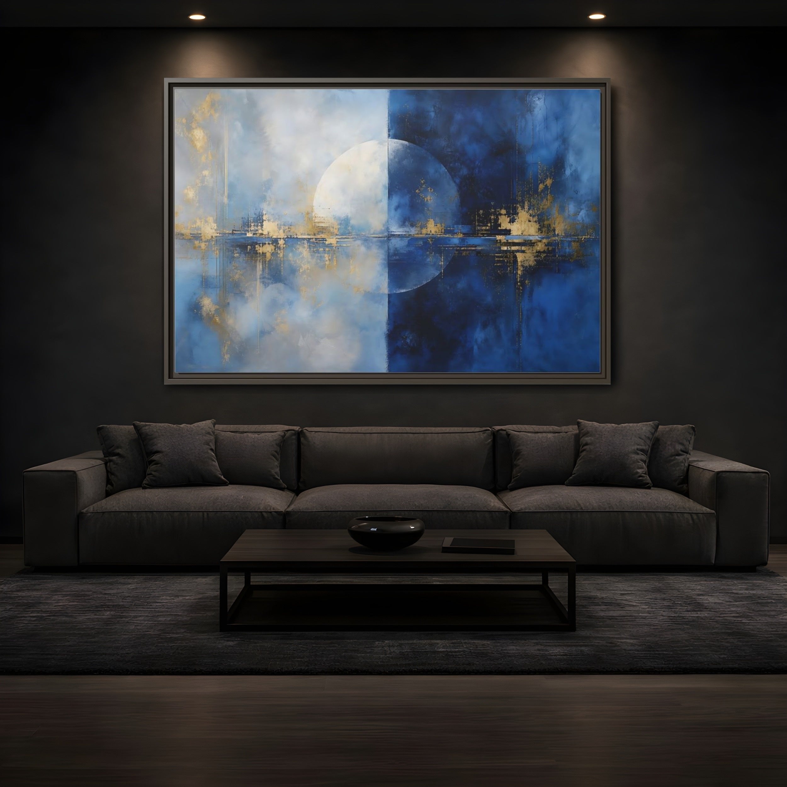 Mockup 3. Abstract Split Circle Blue And Gold Abstract shown as stretched canvas wall art