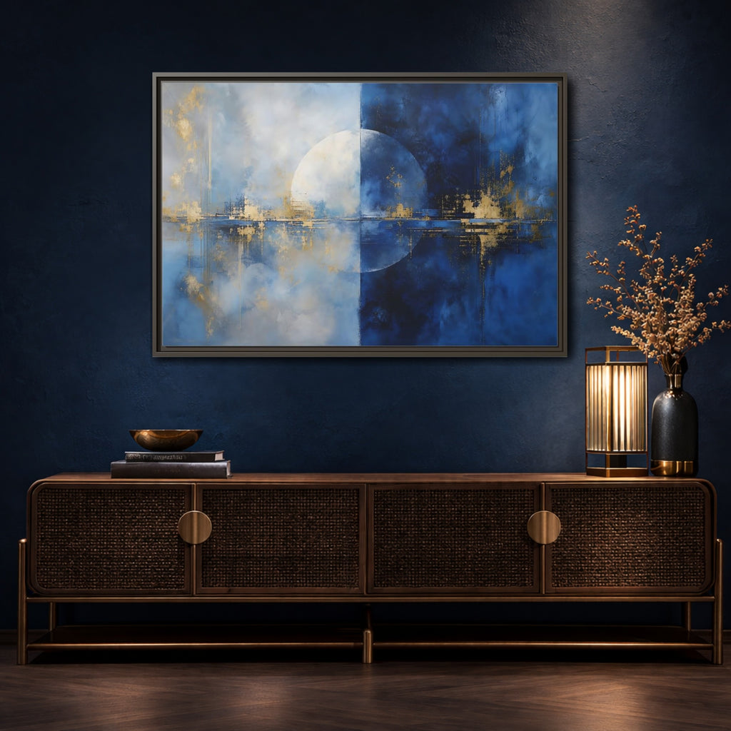 Mockup 4. Abstract Split Circle Blue And Gold Abstract shown as stretched canvas wall art