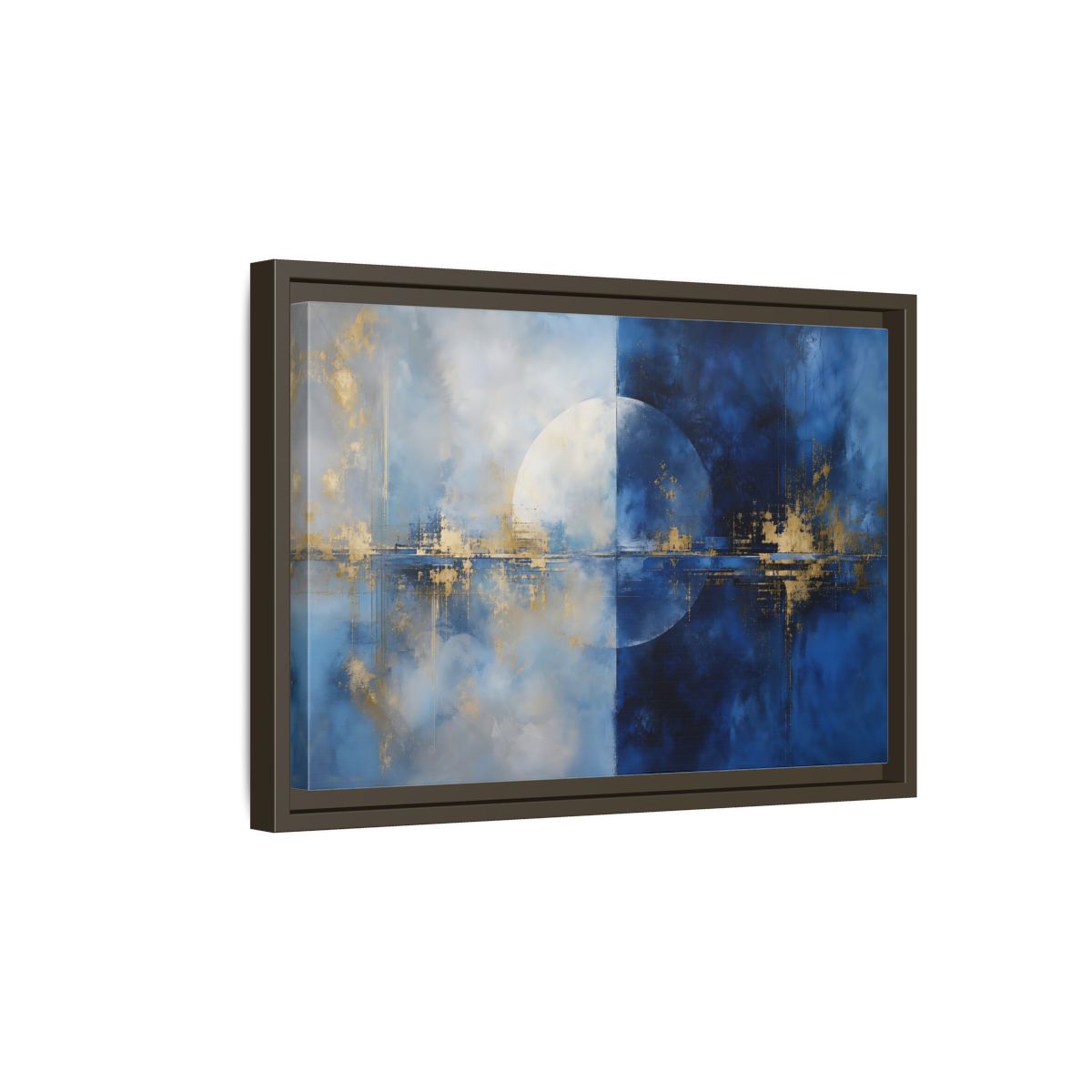 Side Mockup 5. Abstract Split Circle Blue And Gold Abstract shown as stretched canvas wall art