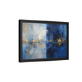 Side Mockup 6. Abstract Split Circle Blue And Gold Abstract shown as stretched canvas wall art