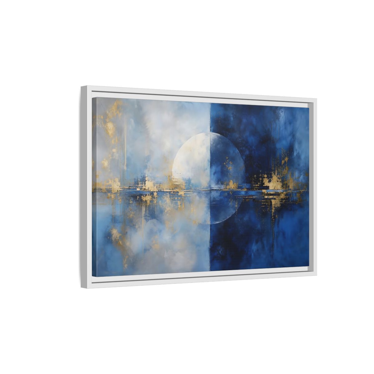 Side Mockup 1. Abstract Split Circle Blue And Gold Abstract shown as stretched canvas wall art