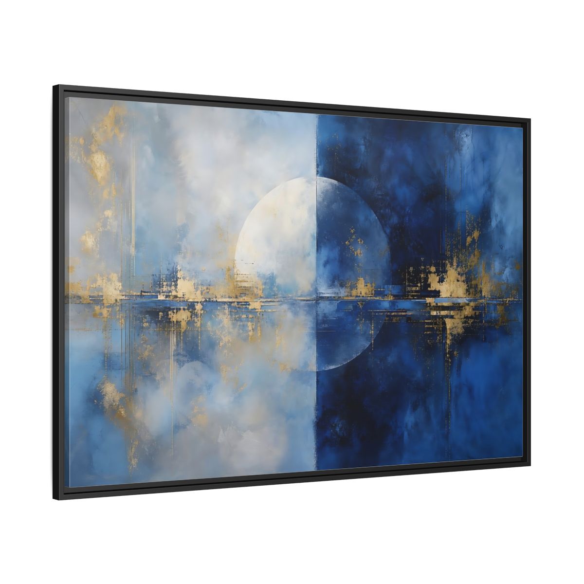 Side Mockup 12. Abstract Split Circle Blue And Gold Abstract shown as stretched canvas wall art