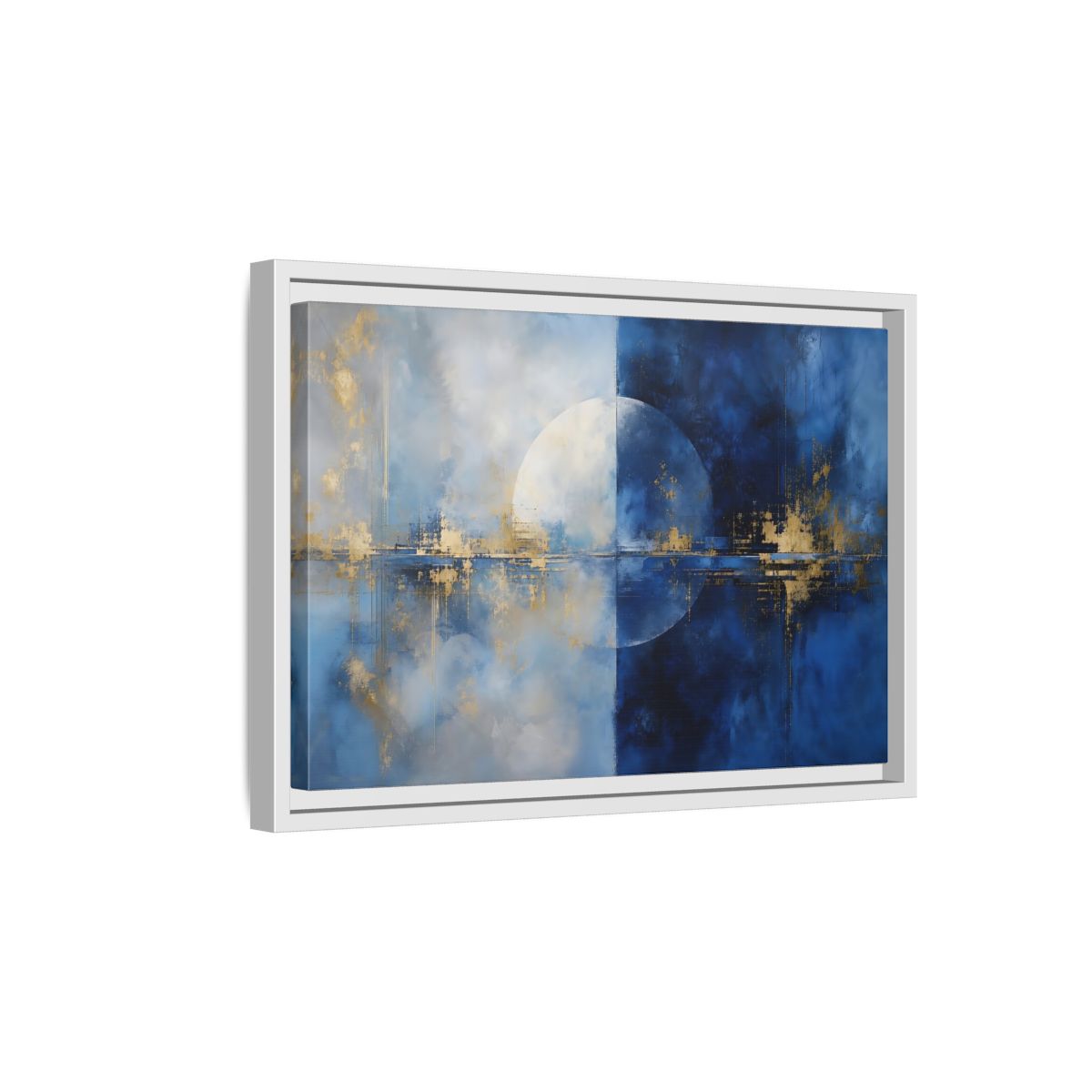 Side Mockup 4. Abstract Split Circle Blue And Gold Abstract shown as stretched canvas wall art