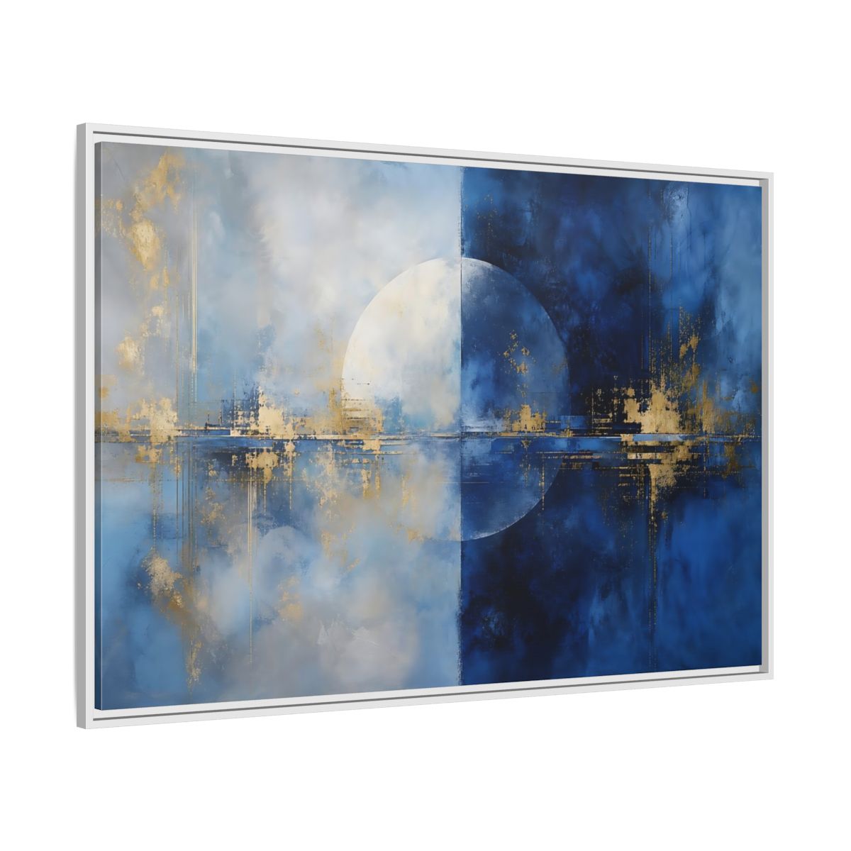 Side Mockup 7. Abstract Split Circle Blue And Gold Abstract shown as stretched canvas wall art