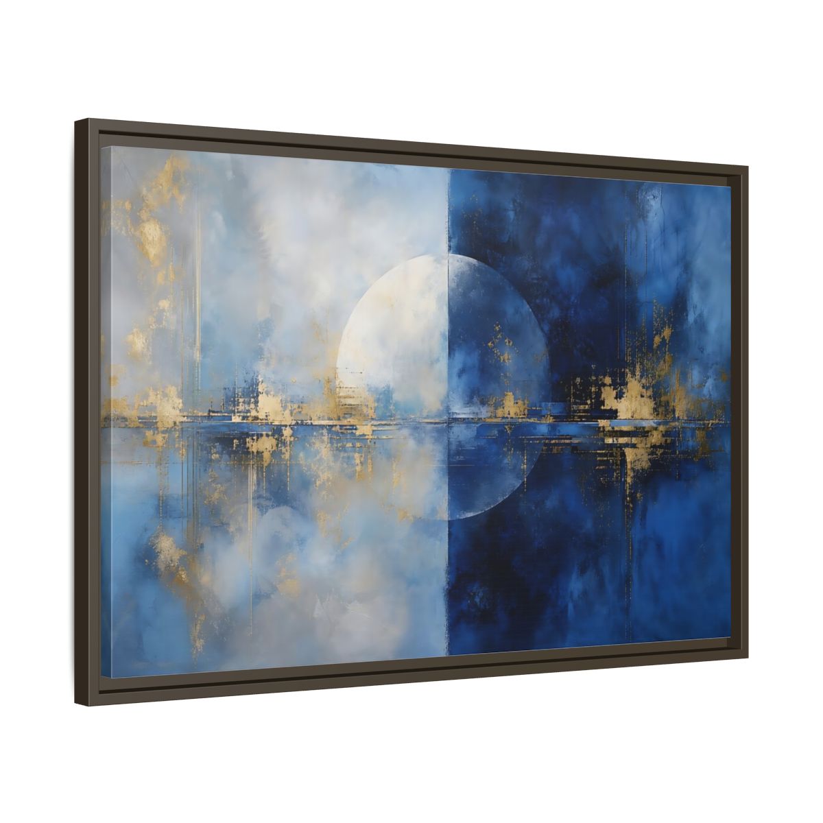 Side Mockup 11. Abstract Split Circle Blue And Gold Abstract shown as stretched canvas wall art