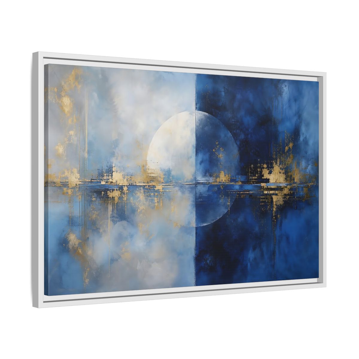 Side Mockup 10. Abstract Split Circle Blue And Gold Abstract shown as stretched canvas wall art