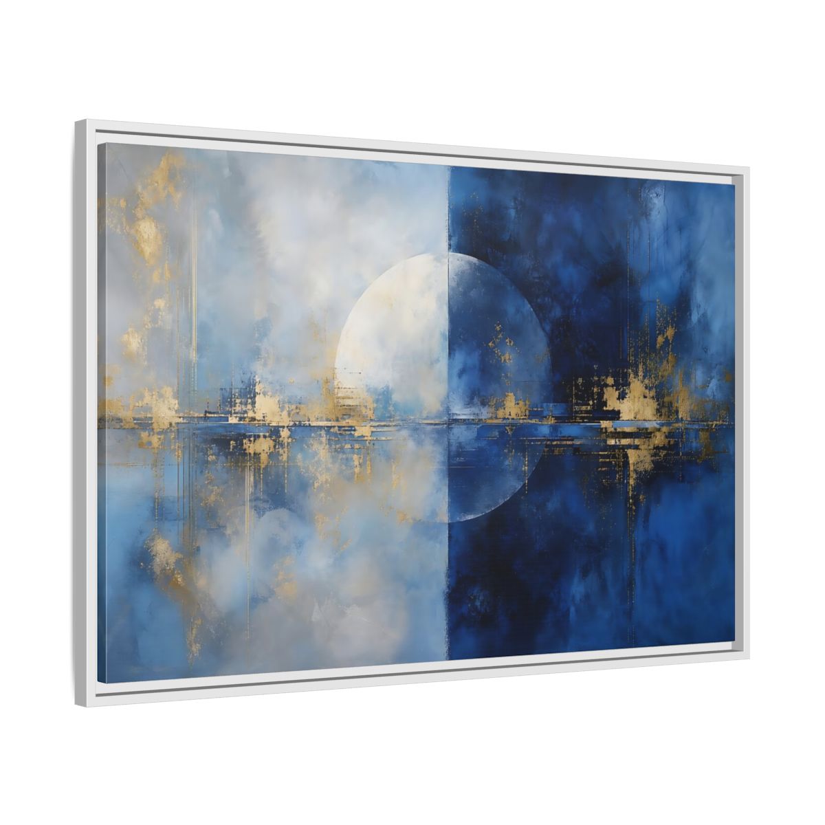 Side Mockup 9. Abstract Split Circle Blue And Gold Abstract shown as stretched canvas wall art