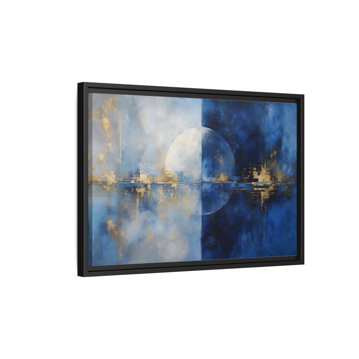 Side Mockup 3. Abstract Split Circle Blue And Gold Abstract shown as stretched canvas wall art