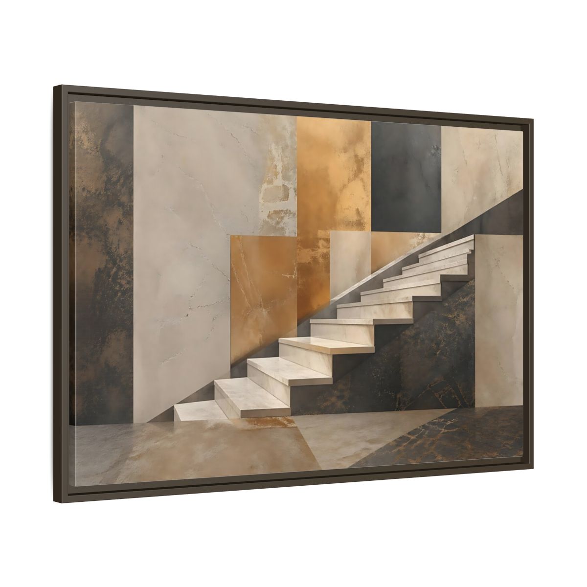 Main Mockup. Abstract Stairs Brown And Gold Abstract shown as stretched canvas wall art