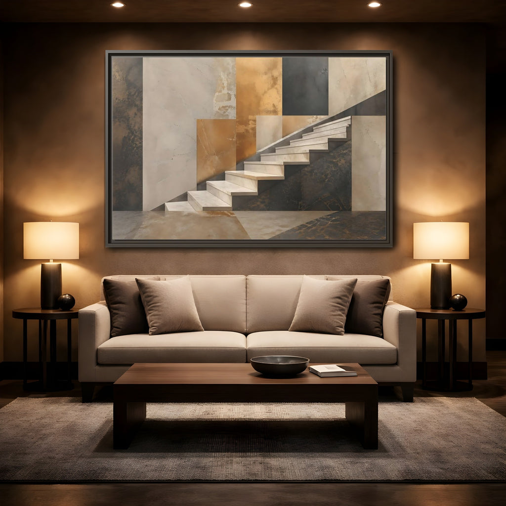 Mockup 2. Abstract Stairs Brown And Gold Abstract shown as stretched canvas wall art