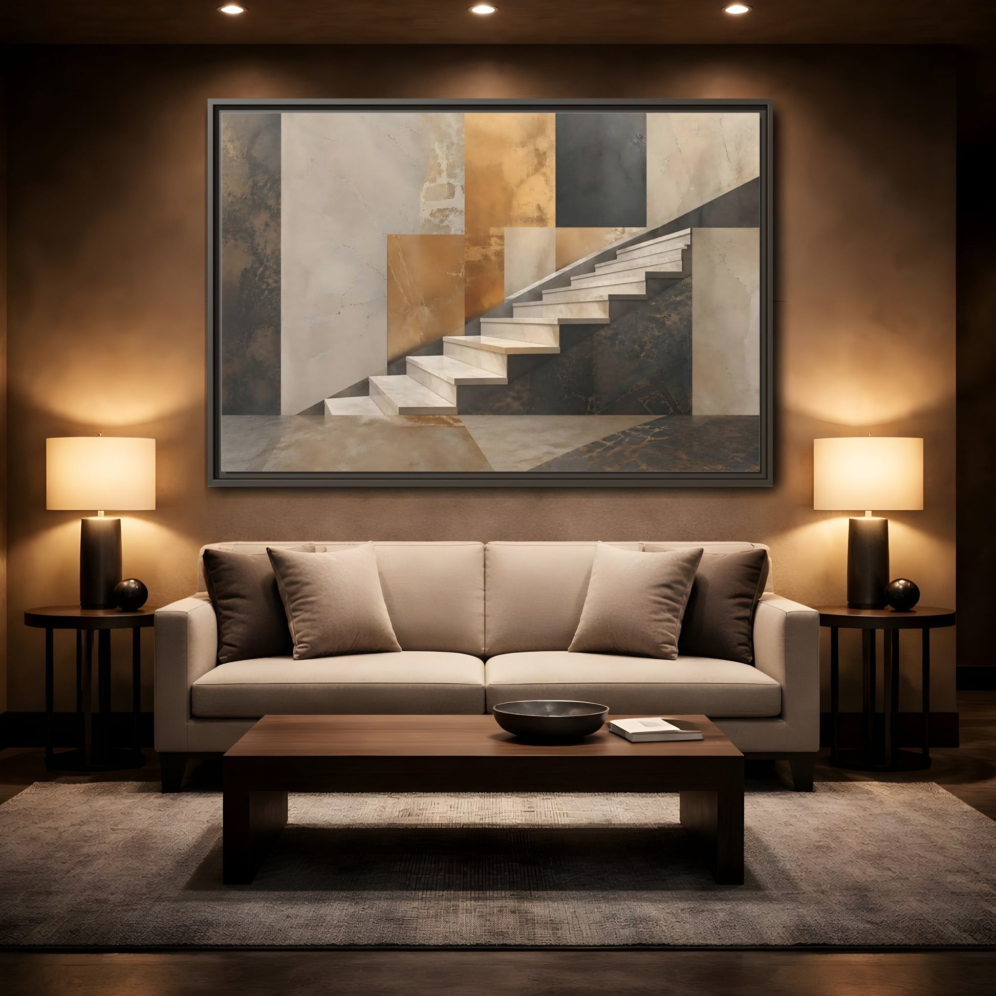 Mockup 2. Abstract Stairs Brown And Gold Abstract shown as stretched canvas wall art